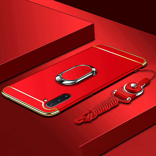 Luxury Metal Frame and Plastic Back Cover Case with Finger Ring Stand T01 for Samsung Galaxy Note 10 Red