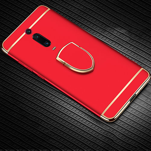 Luxury Metal Frame and Plastic Back Cover Case with Finger Ring Stand T01 for Xiaomi Mi 9T Red