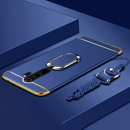 Luxury Metal Frame and Plastic Back Cover Case with Finger Ring Stand T01 for Xiaomi Redmi Note 8 Pro Blue