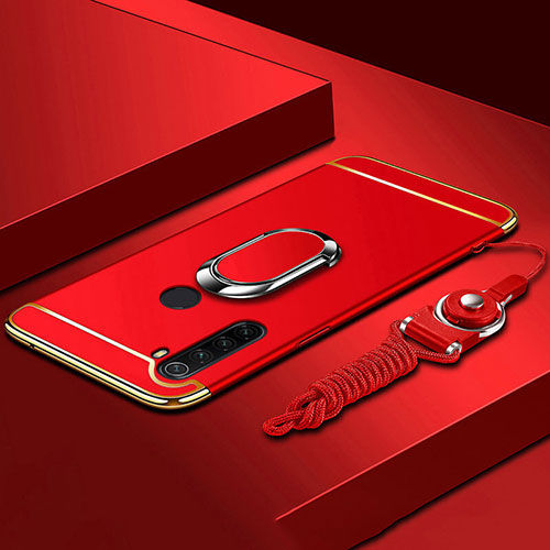 Luxury Metal Frame and Plastic Back Cover Case with Finger Ring Stand T01 for Xiaomi Redmi Note 8T Red