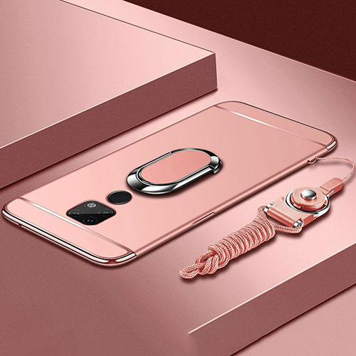 Luxury Metal Frame and Plastic Back Cover Case with Finger Ring Stand T02 for Huawei Mate 20 X 5G Rose Gold