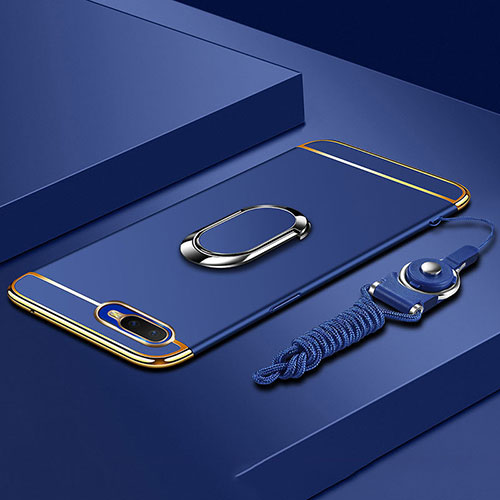 Luxury Metal Frame and Plastic Back Cover Case with Finger Ring Stand T02 for Oppo K1 Blue