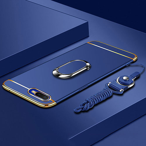 Luxury Metal Frame and Plastic Back Cover Case with Finger Ring Stand T02 for Oppo R17 Neo Blue