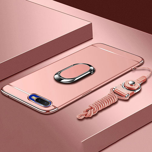 Luxury Metal Frame and Plastic Back Cover Case with Finger Ring Stand T02 for Oppo R17 Neo Rose Gold