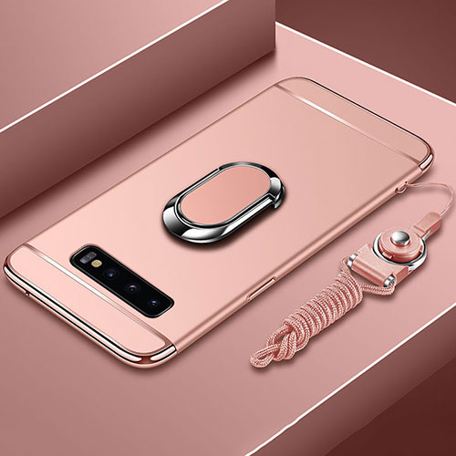 Luxury Metal Frame and Plastic Back Cover Case with Finger Ring Stand T02 for Samsung Galaxy S10 5G Rose Gold