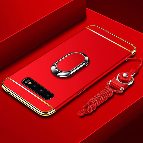 Luxury Metal Frame and Plastic Back Cover Case with Finger Ring Stand T02 for Samsung Galaxy S10 Plus Red