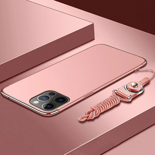 Luxury Metal Frame and Plastic Back Cover Case with Lanyard for Apple iPhone 13 Pro Max Rose Gold