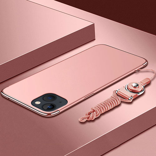 Luxury Metal Frame and Plastic Back Cover Case with Lanyard for Apple iPhone 13 Rose Gold