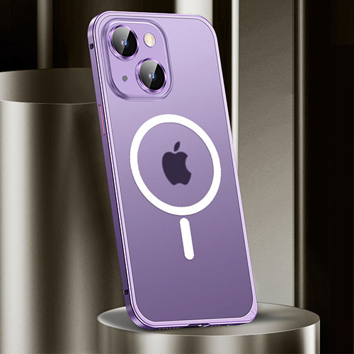 Luxury Metal Frame and Plastic Back Cover Case with Mag-Safe Magnetic JL2 for Apple iPhone 15 Plus Purple