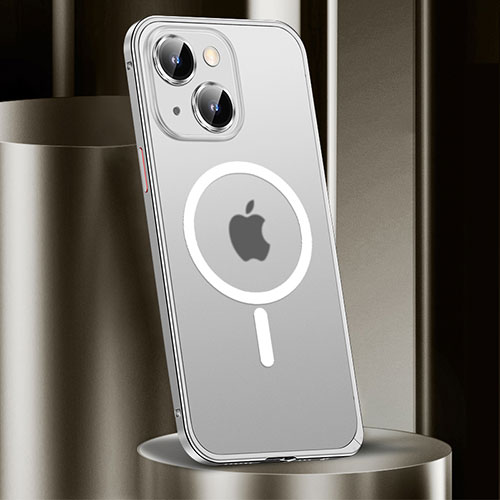 Luxury Metal Frame and Plastic Back Cover Case with Mag-Safe Magnetic JL2 for Apple iPhone 15 Plus Silver