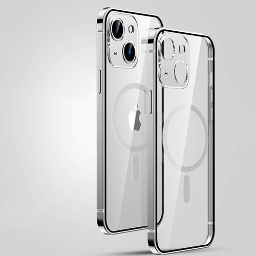 Luxury Metal Frame and Plastic Back Cover Case with Mag-Safe Magnetic JL3 for Apple iPhone 15 Plus Silver