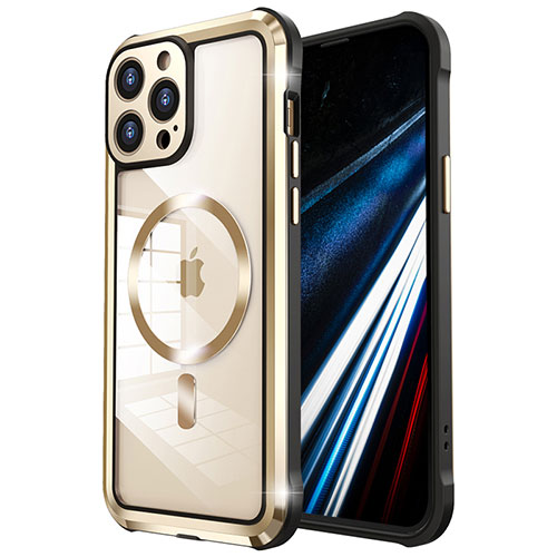 Luxury Metal Frame and Plastic Back Cover Case with Mag-Safe Magnetic LF2 for Apple iPhone 14 Pro Gold