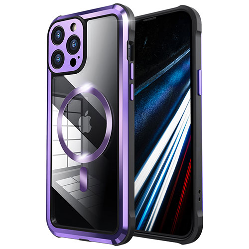 Luxury Metal Frame and Plastic Back Cover Case with Mag-Safe Magnetic LF2 for Apple iPhone 14 Pro Purple