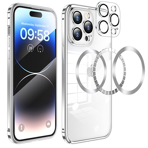 Luxury Metal Frame and Plastic Back Cover Case with Mag-Safe Magnetic LF3 for Apple iPhone 14 Pro Silver