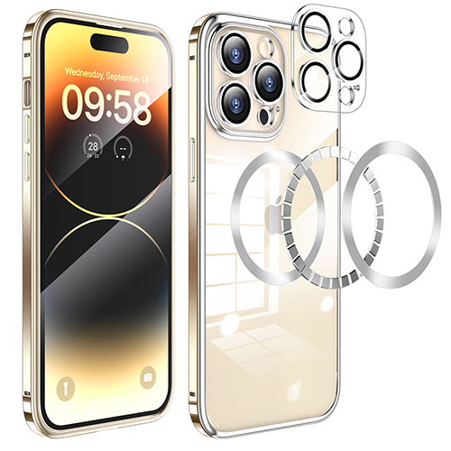 Luxury Metal Frame and Plastic Back Cover Case with Mag-Safe Magnetic LF3 for Apple iPhone 16 Pro Max Gold