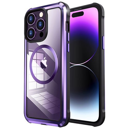 Luxury Metal Frame and Plastic Back Cover Case with Mag-Safe Magnetic LF4 for Apple iPhone 14 Pro Max Purple