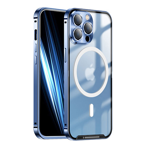 Luxury Metal Frame and Plastic Back Cover Case with Mag-Safe Magnetic LK1 for Apple iPhone 13 Pro Max Blue