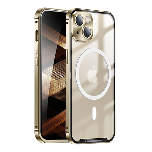 Luxury Metal Frame and Plastic Back Cover Case with Mag-Safe Magnetic LK1 for Apple iPhone 15 Gold