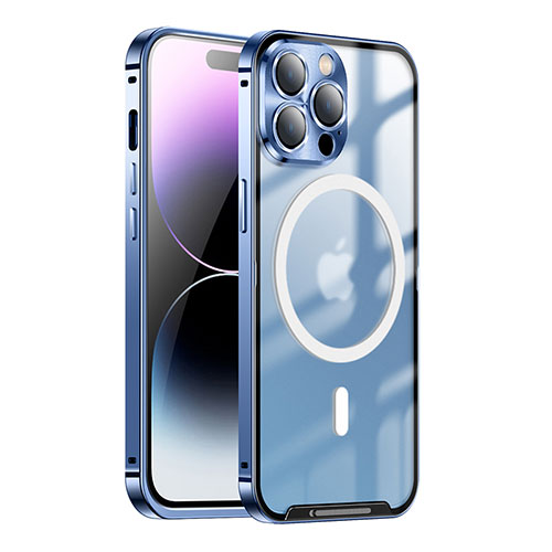 Luxury Metal Frame and Plastic Back Cover Case with Mag-Safe Magnetic LK1 for Apple iPhone 16 Pro Blue