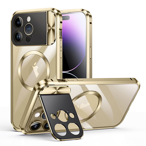 Luxury Metal Frame and Plastic Back Cover Case with Mag-Safe Magnetic LK4 for Apple iPhone 14 Pro Max Gold