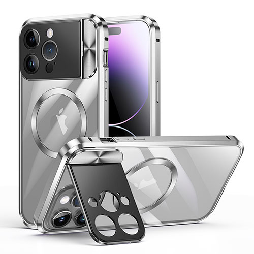 Luxury Metal Frame and Plastic Back Cover Case with Mag-Safe Magnetic LK4 for Apple iPhone 15 Pro Max Silver