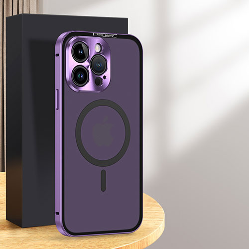 Luxury Metal Frame and Plastic Back Cover Case with Mag-Safe Magnetic LK5 for Apple iPhone 16 Pro Max Purple