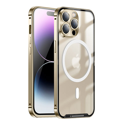 Luxury Metal Frame and Plastic Back Cover Case with Mag-Safe Magnetic LO1 for Apple iPhone 14 Pro Max Gold