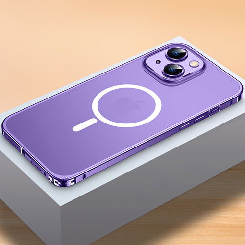 Luxury Metal Frame and Plastic Back Cover Case with Mag-Safe Magnetic QC2 for Apple iPhone 15 Purple