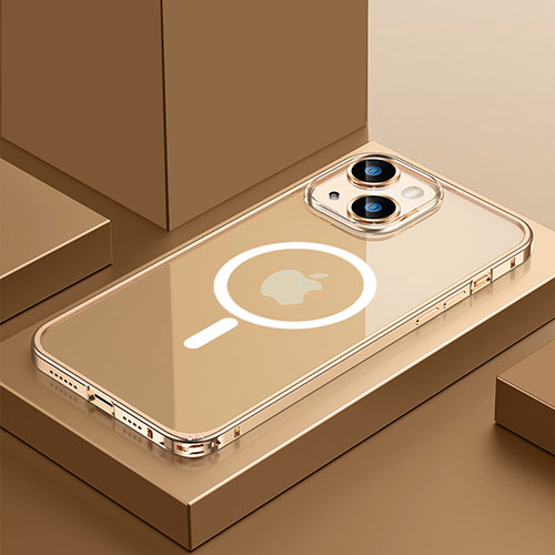 Luxury Metal Frame and Plastic Back Cover Case with Mag-Safe Magnetic QC3 for Apple iPhone 15 Gold