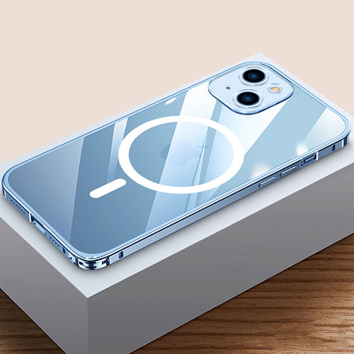 Luxury Metal Frame and Plastic Back Cover Case with Mag-Safe Magnetic QC4 for Apple iPhone 13 Mini Blue