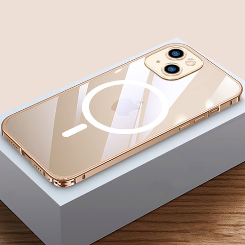 Luxury Metal Frame and Plastic Back Cover Case with Mag-Safe Magnetic QC4 for Apple iPhone 13 Mini Gold