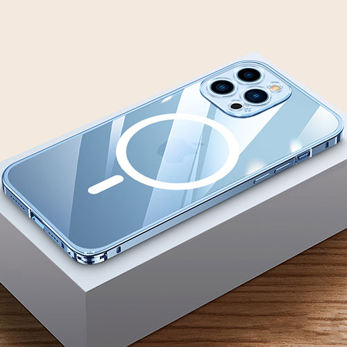 Luxury Metal Frame and Plastic Back Cover Case with Mag-Safe Magnetic QC4 for Apple iPhone 13 Pro Blue