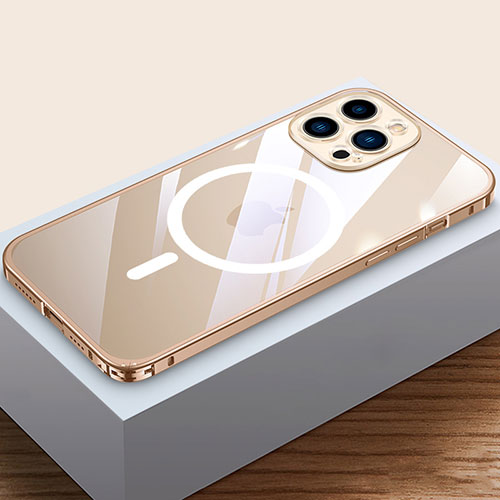 Luxury Metal Frame and Plastic Back Cover Case with Mag-Safe Magnetic QC4 for Apple iPhone 16 Pro Gold