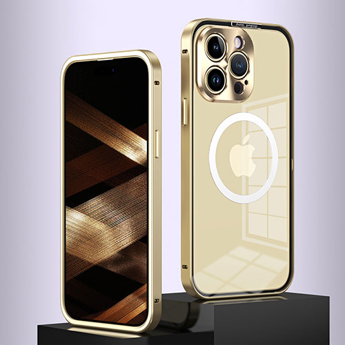 Luxury Metal Frame and Plastic Back Cover Case with Mag-Safe Magnetic QC5 for Apple iPhone 16 Pro Max Gold