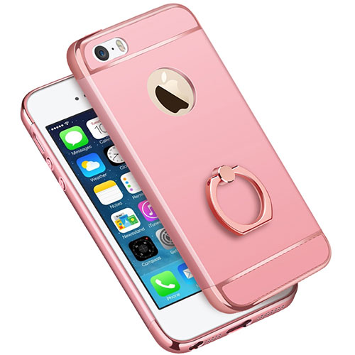 Luxury Metal Frame and Plastic Back Cover with Finger Ring Stand A01 for Apple iPhone 5S Pink