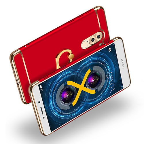 Luxury Metal Frame and Plastic Back Cover with Finger Ring Stand A02 for Huawei Honor 6X Pro Red