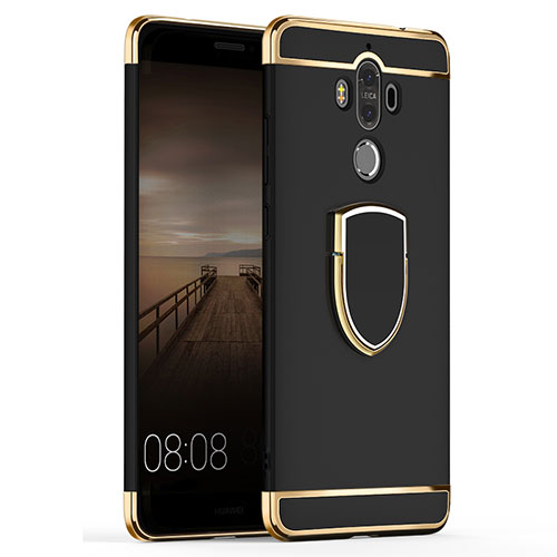 Luxury Metal Frame and Plastic Back Cover with Finger Ring Stand A02 for Huawei Mate 9 Black