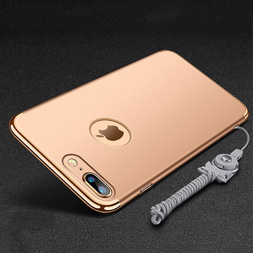 Luxury Metal Frame and Plastic Back Cover with Finger Ring Stand and Lanyard for Apple iPhone 7 Plus Gold