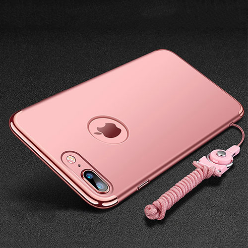 Luxury Metal Frame and Plastic Back Cover with Finger Ring Stand and Lanyard for Apple iPhone 7 Plus Rose Gold