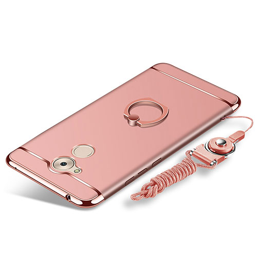 Luxury Metal Frame and Plastic Back Cover with Finger Ring Stand and Lanyard for Huawei Enjoy 6S Rose Gold