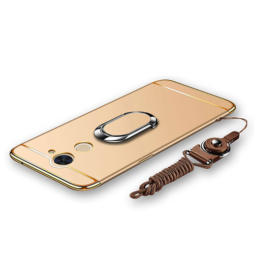 Luxury Metal Frame and Plastic Back Cover with Finger Ring Stand and Lanyard for Huawei Enjoy 7 Plus Gold