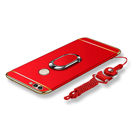 Luxury Metal Frame and Plastic Back Cover with Finger Ring Stand and Lanyard for Huawei Enjoy 7S Red