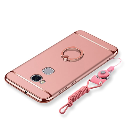 Luxury Metal Frame and Plastic Back Cover with Finger Ring Stand and Lanyard for Huawei Honor 5X Rose Gold