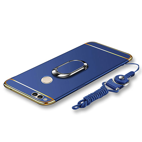 Luxury Metal Frame and Plastic Back Cover with Finger Ring Stand and Lanyard for Huawei Honor 7X Blue