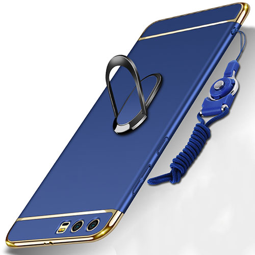 Luxury Metal Frame and Plastic Back Cover with Finger Ring Stand and Lanyard for Huawei Honor 9 Premium Blue