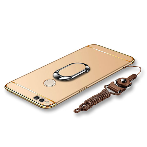 Luxury Metal Frame and Plastic Back Cover with Finger Ring Stand and Lanyard for Huawei Honor Play 7X Gold