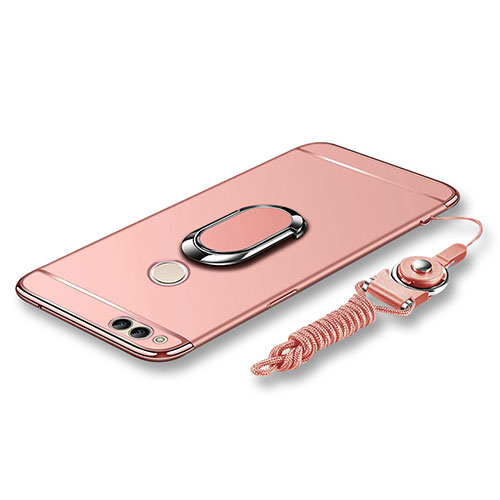 Luxury Metal Frame and Plastic Back Cover with Finger Ring Stand and Lanyard for Huawei Honor Play 7X Rose Gold