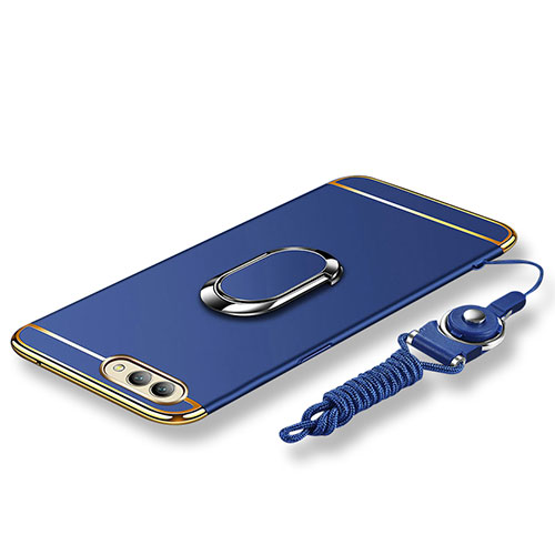 Luxury Metal Frame and Plastic Back Cover with Finger Ring Stand and Lanyard for Huawei Honor V10 Blue