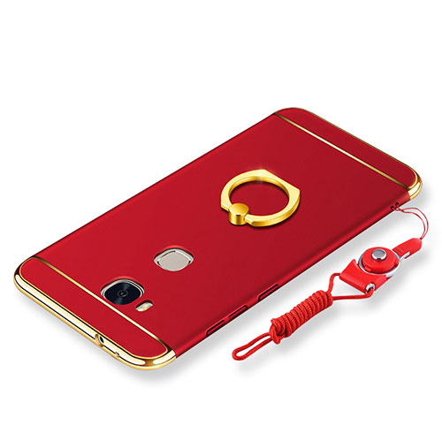 Luxury Metal Frame and Plastic Back Cover with Finger Ring Stand and Lanyard for Huawei Honor X5 Red