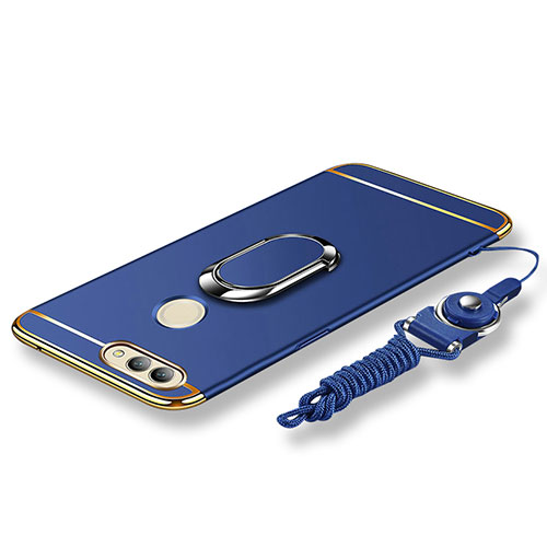 Luxury Metal Frame and Plastic Back Cover with Finger Ring Stand and Lanyard for Huawei Nova 2 Blue